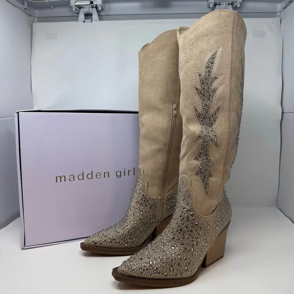 Madden Girl Apple Western Boots Womens 8 Sand Rhinestones Cowboy Boots NIB - Picture 3 of 15
